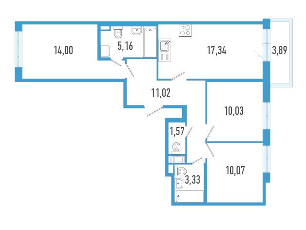 Планировка: 3-комн. квартира 73.69 м² в новостройке Аэросити