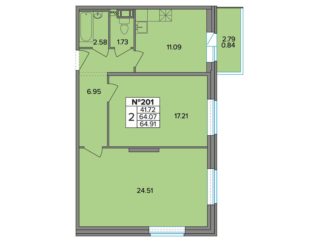 Планировка: 2-комн. квартира 66.10 м² в новостройке Смарт