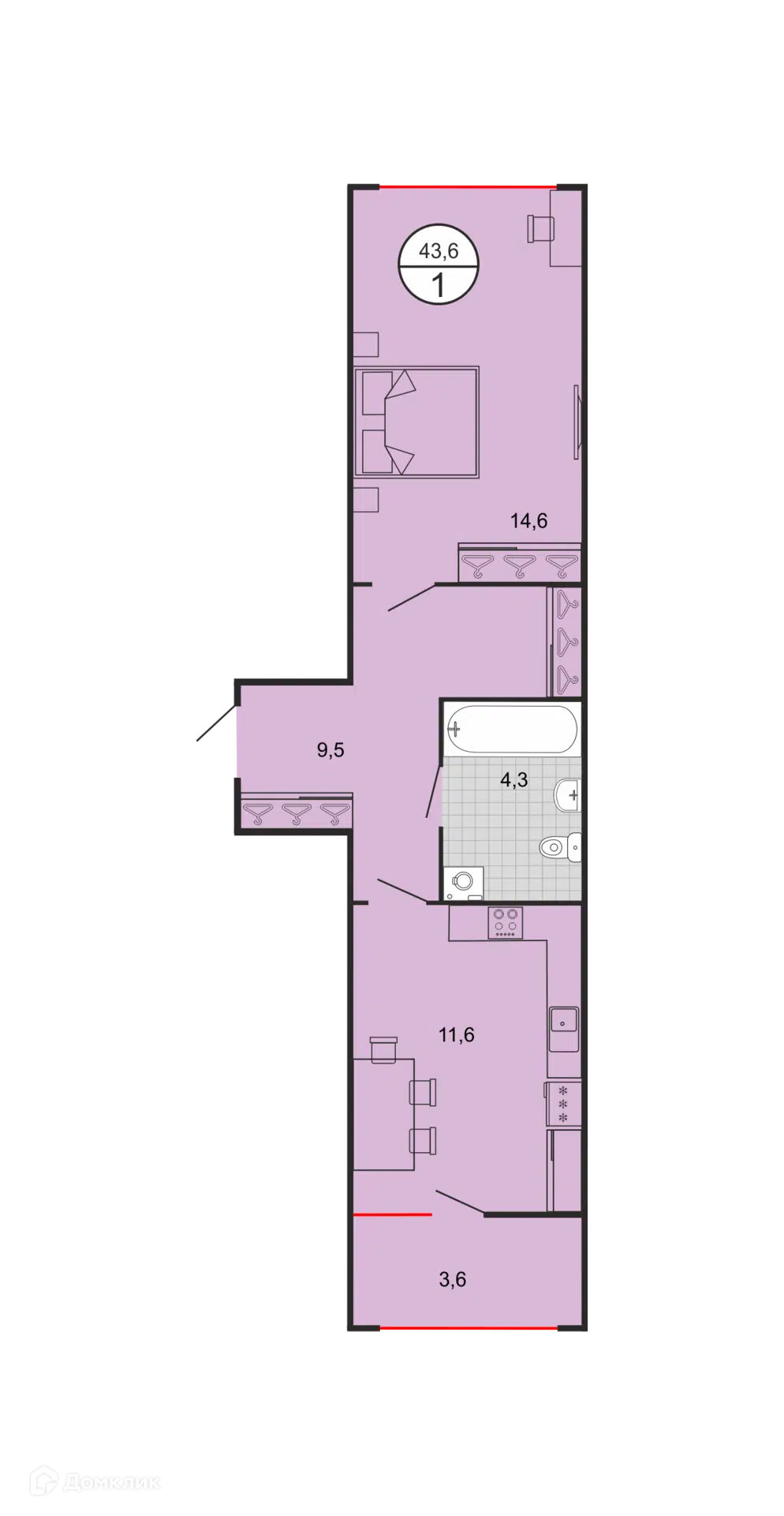 Планировка: 1-комн. квартира 45.00 м² в новостройке На Князевском