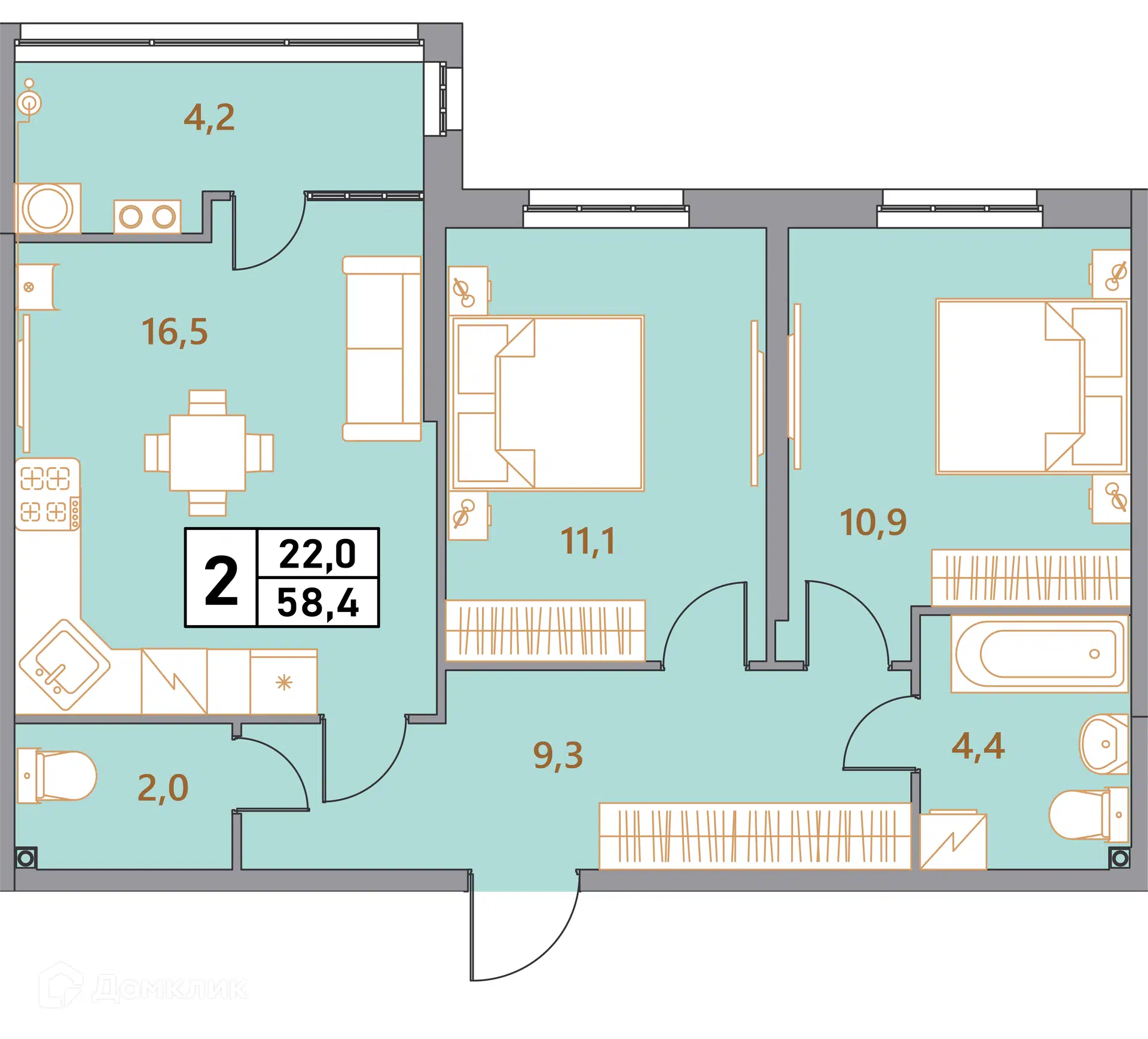 Планировка: 3-комн. квартира 58.40 м² в новостройке Фруктовый сад