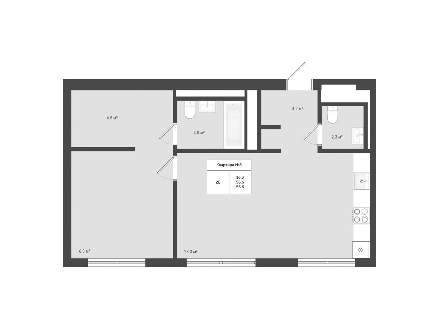Планировка: 2-комн. квартира 56.60 м² в новостройке Яковлево