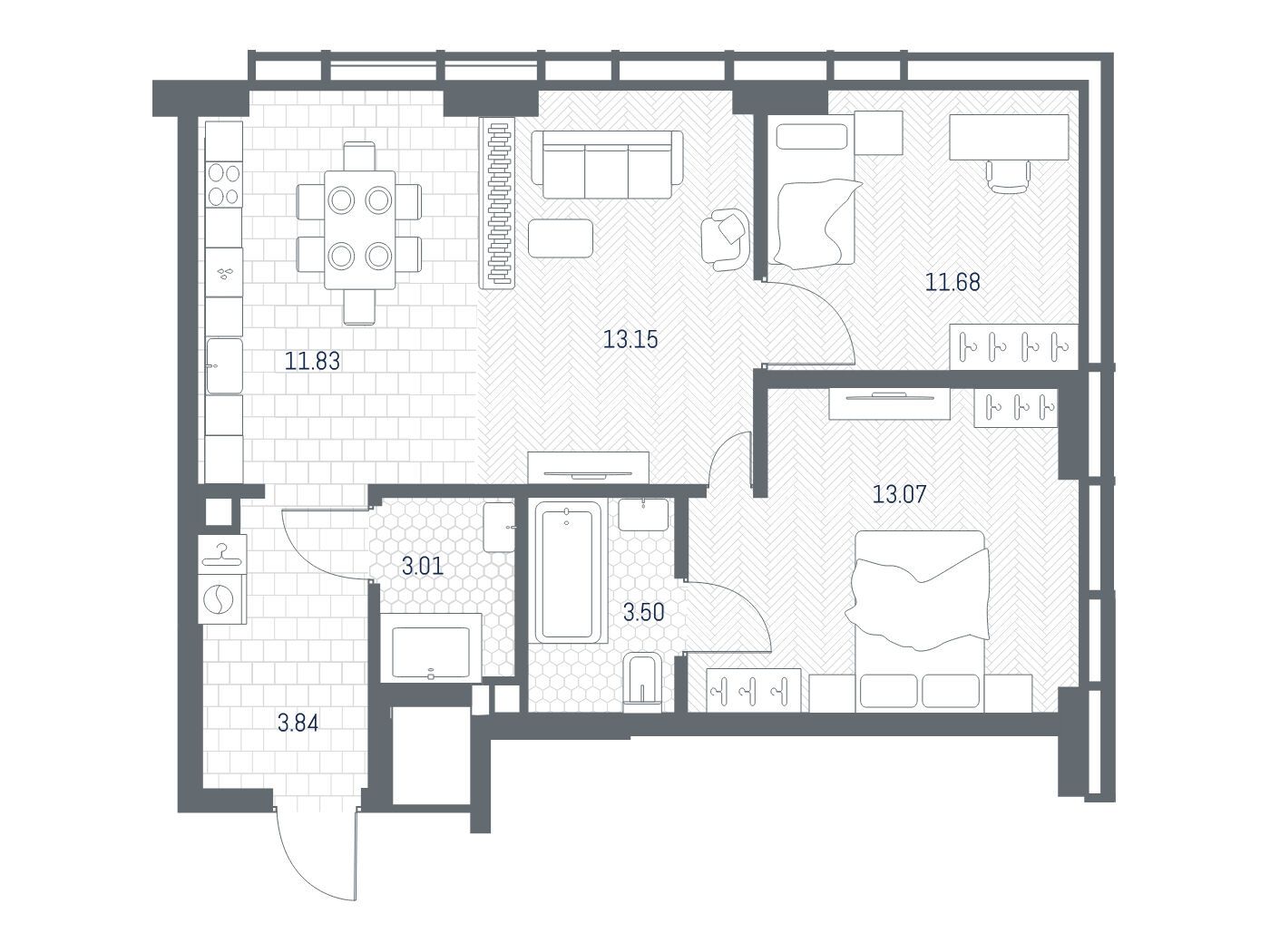 Планировка: 2-комн. квартира 60.08 м² в новостройке Тейт