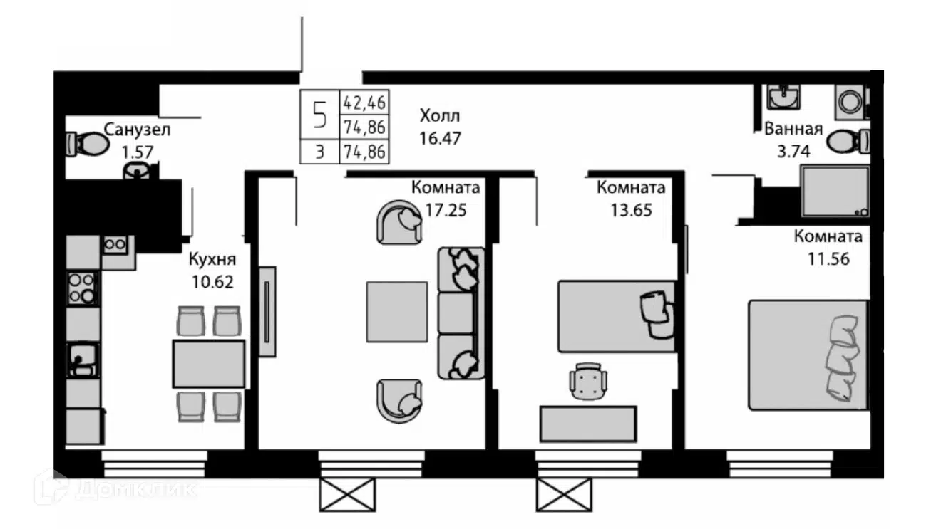 Планировка: 3-комн. квартира 74.86 м² в новостройке Ривьера