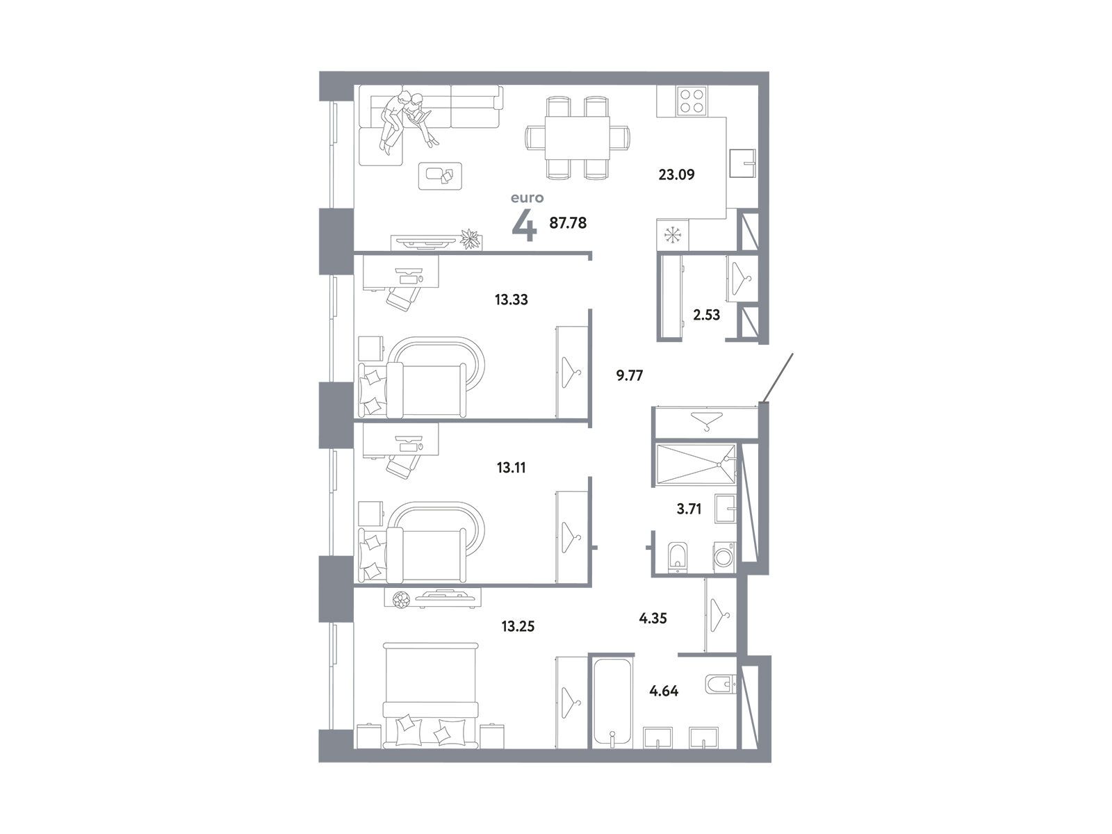 Планировка: 3-комн. квартира 87.78 м² в новостройке Репаблик