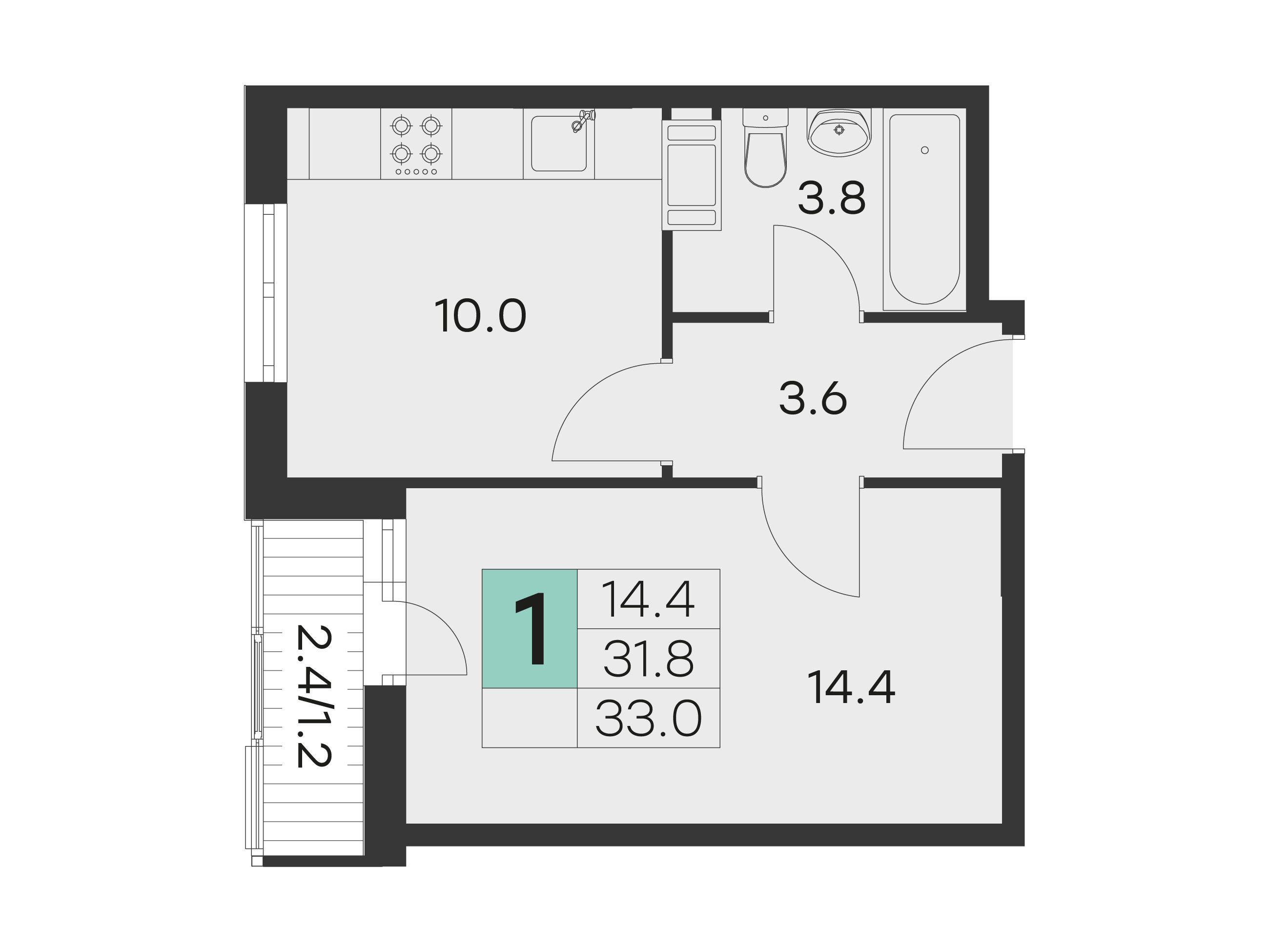 Планировка: 1-комн. квартира 33.00 м² в новостройке Олимп