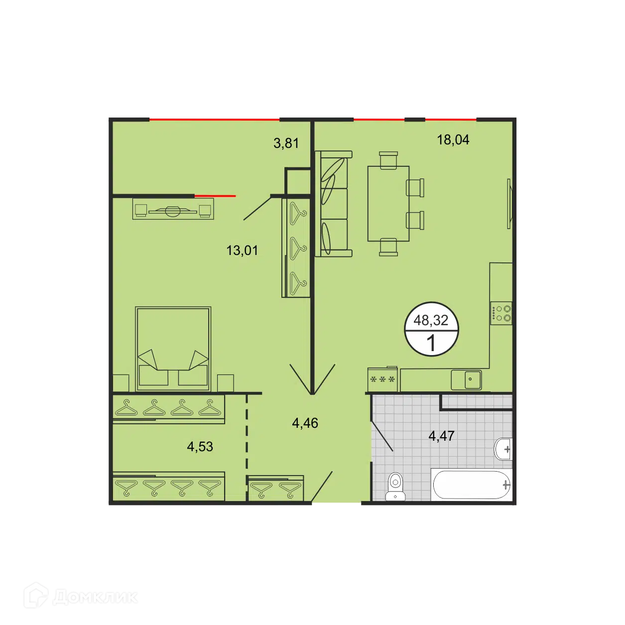 Планировка: 1-комн. квартира 48.32 м² в новостройке Дыхание