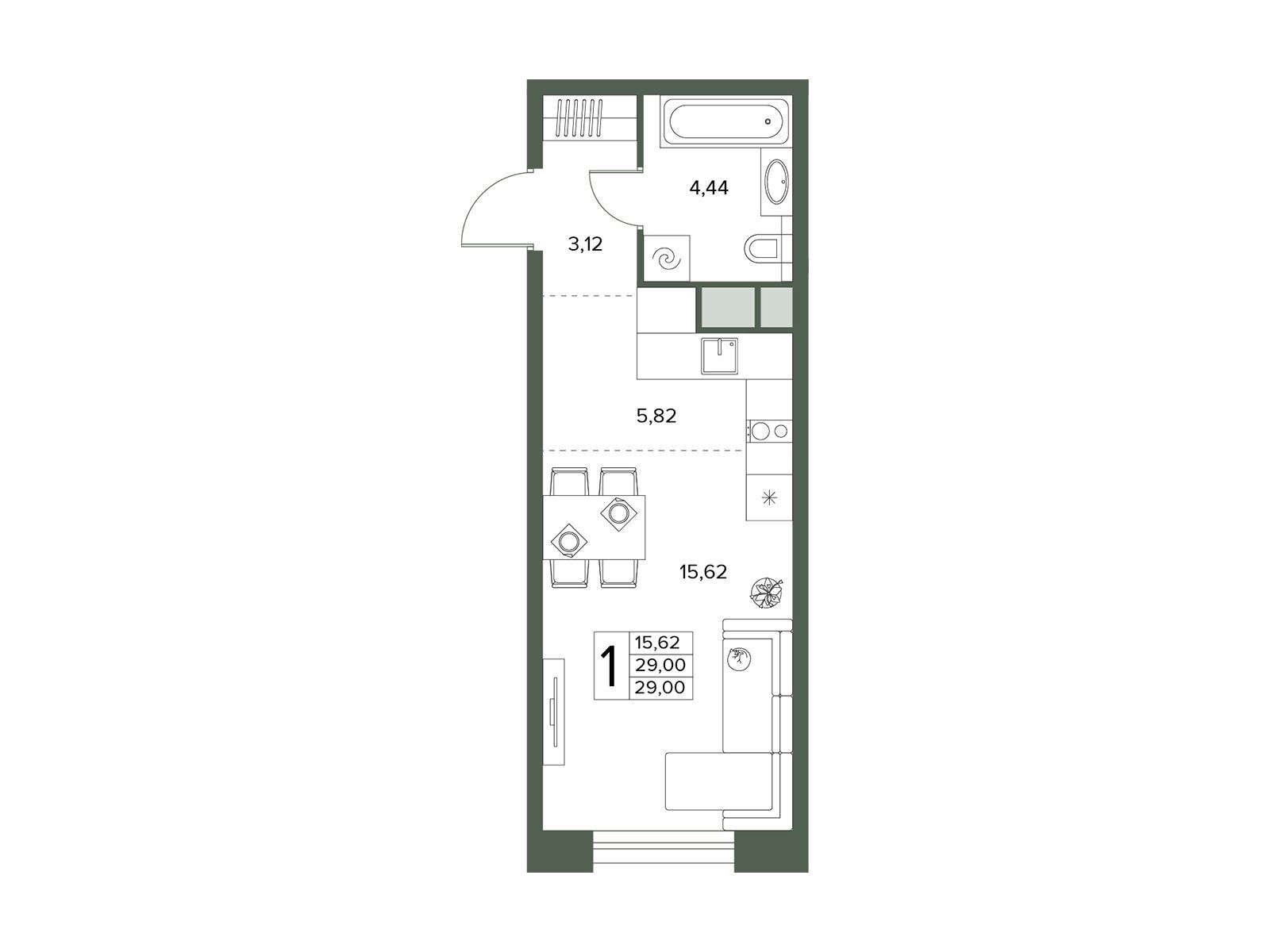 Планировка: 1-комн. квартира 29.00 м² в новостройке Городской бор