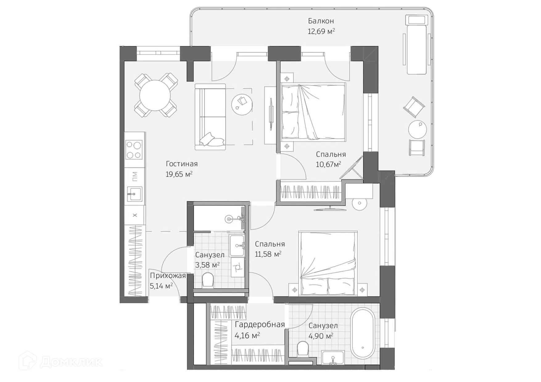 Планировка: 3-комн. квартира 72.37 м² в новостройке Реликт