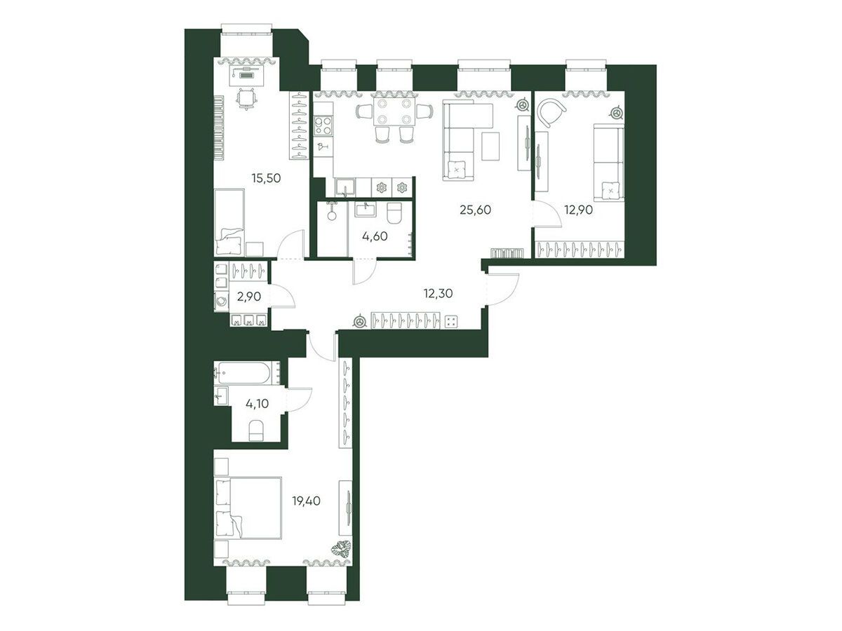 Планировка: 3-комн. квартира 97.30 м² в новостройке Моисеенко 10