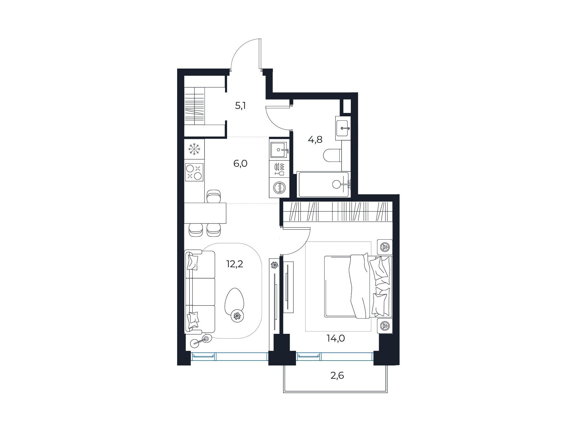 Планировка: 1-комн. квартира 42.90 м² в новостройке Мастерс