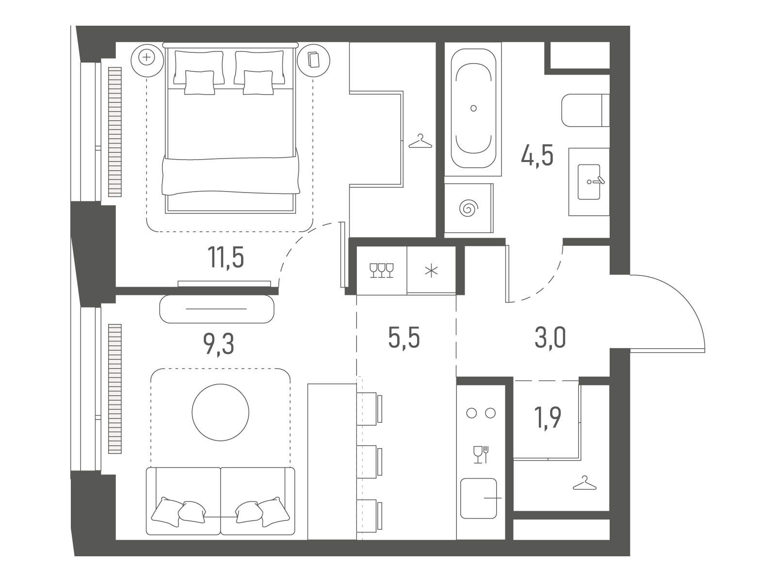 Планировка: 1-комн. квартира 35.70 м² в новостройке Среда на Лобачевского