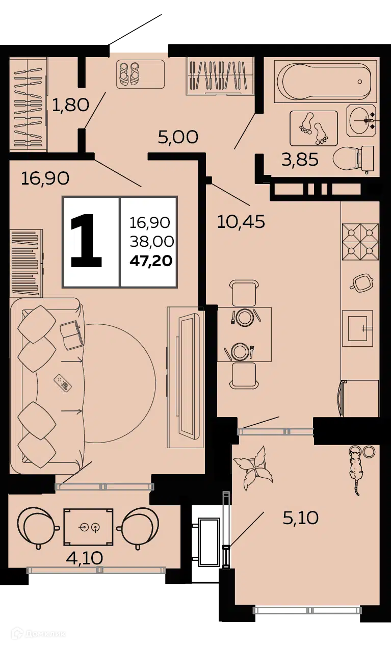 Планировка: 1-комн. квартира 47.20 м² в новостройке Мост