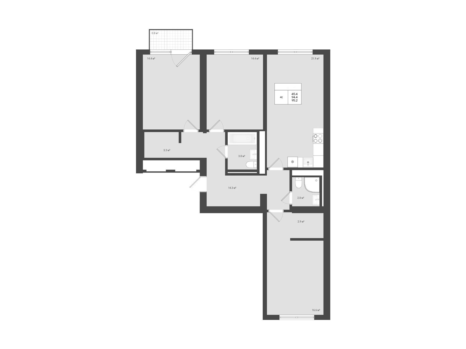 Планировка: 4-комн. квартира 95.20 м² в новостройке Яковлево