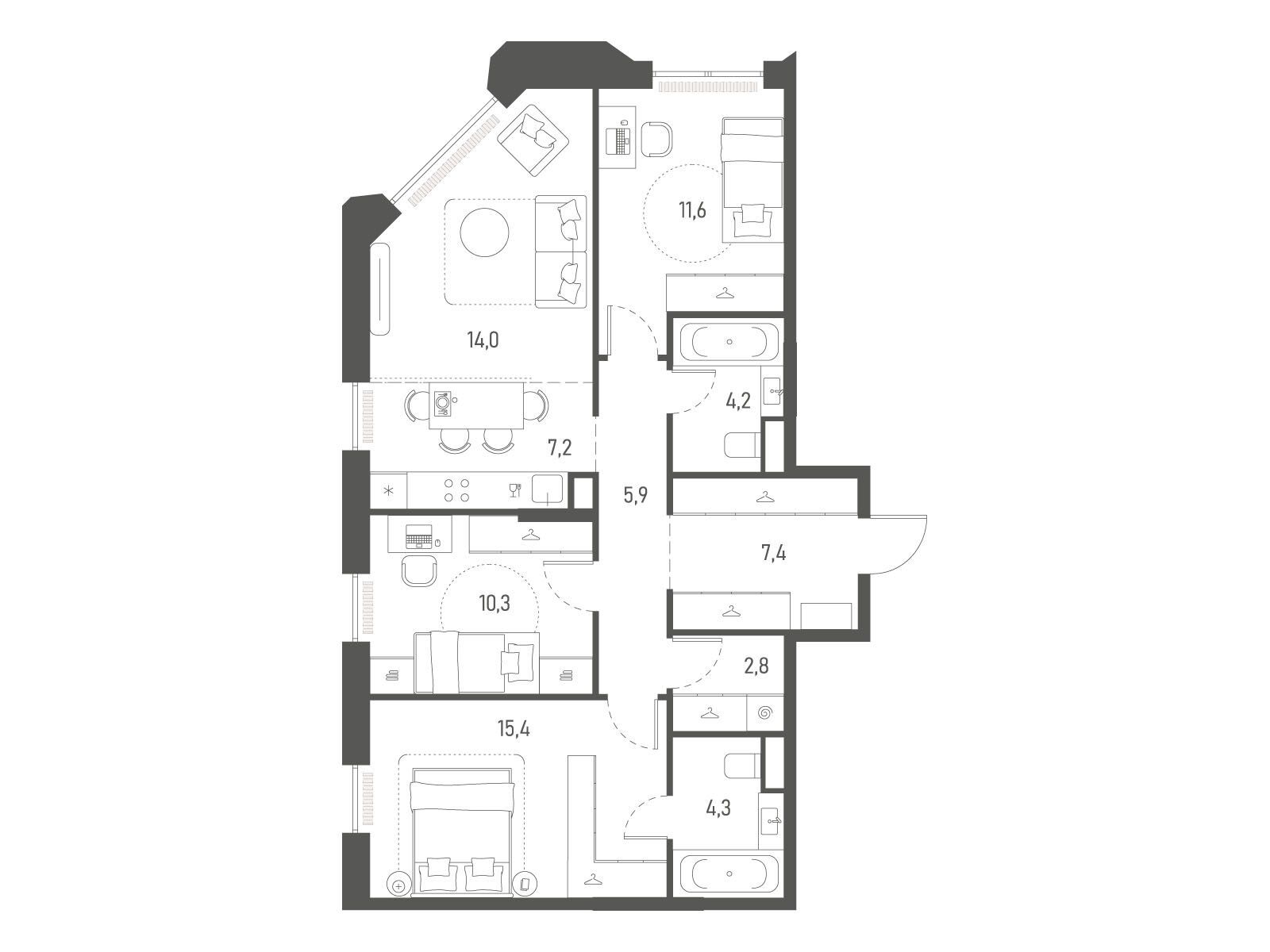 Планировка: 3-комн. квартира 83.10 м² в новостройке Среда на Лобачевского