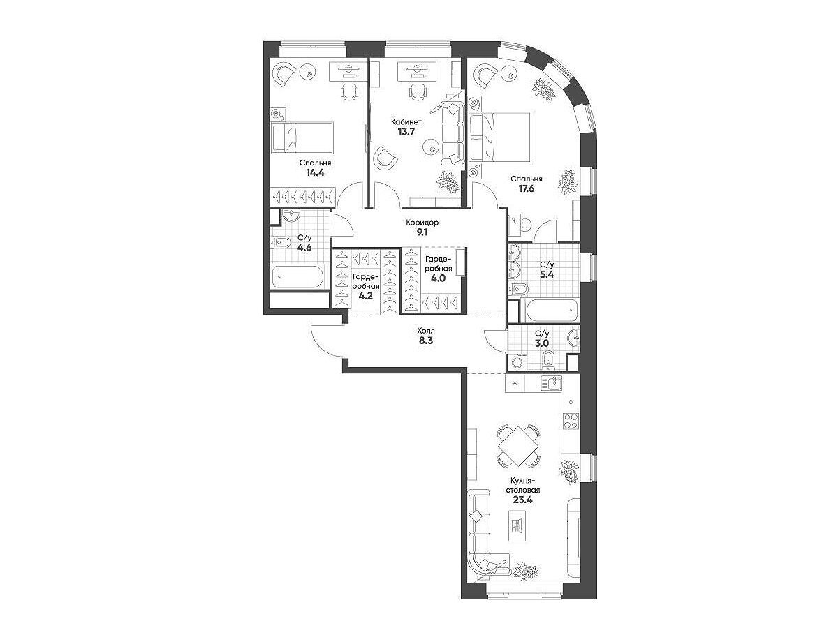 Планировка: 3-комн. квартира 107.70 м² в новостройке Мариин Парк