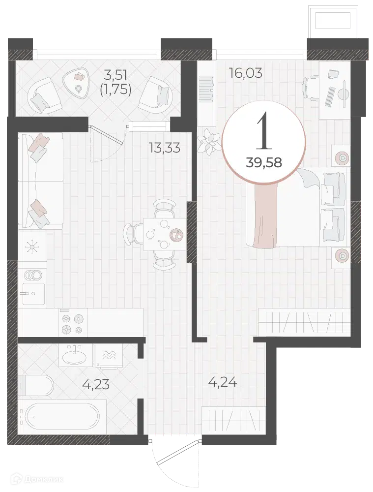 Планировка: 1-комн. квартира 39.58 м² в новостройке Моренуар