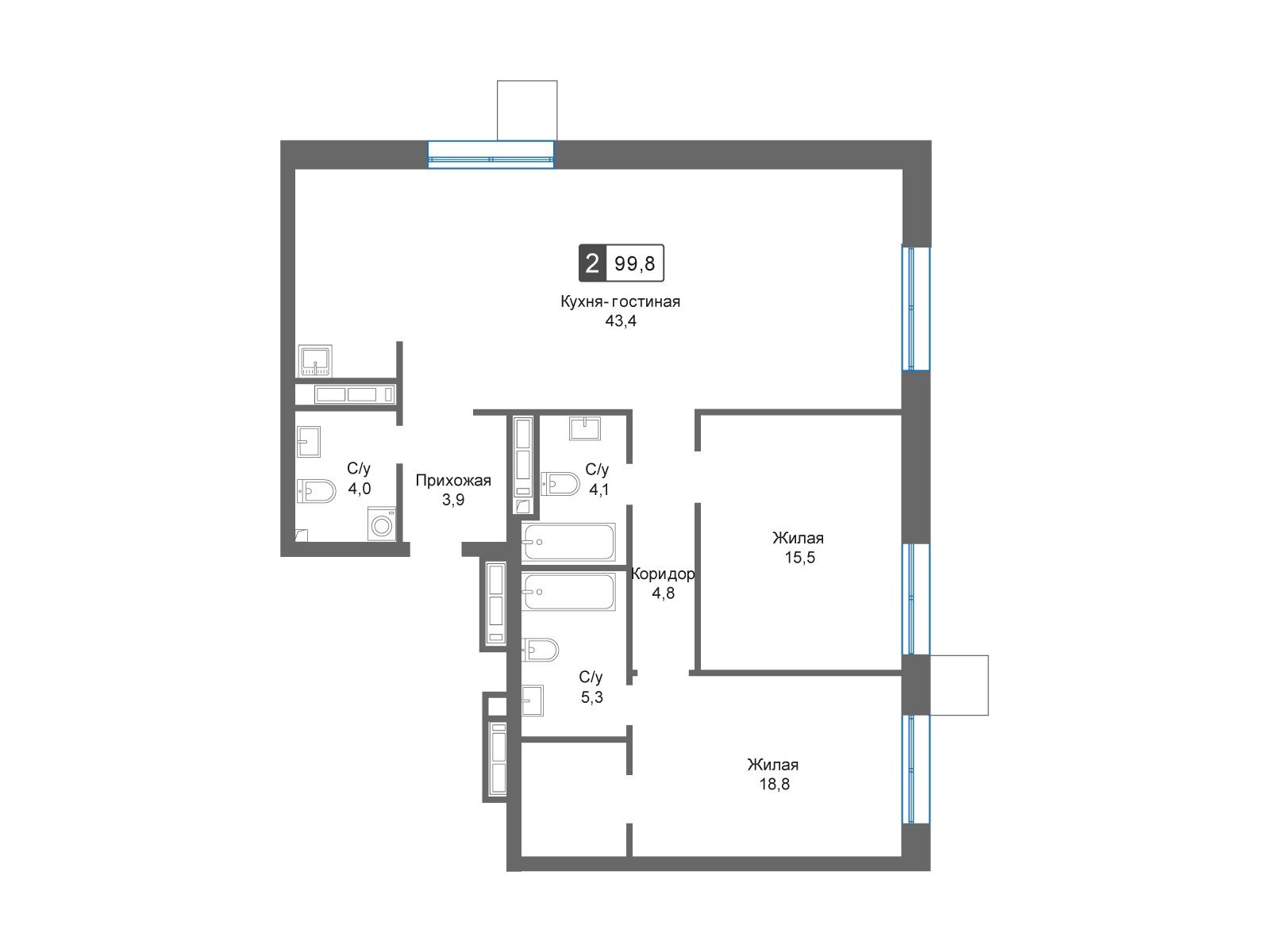 Планировка: 2-комн. квартира 99.80 м² в новостройке Отрада