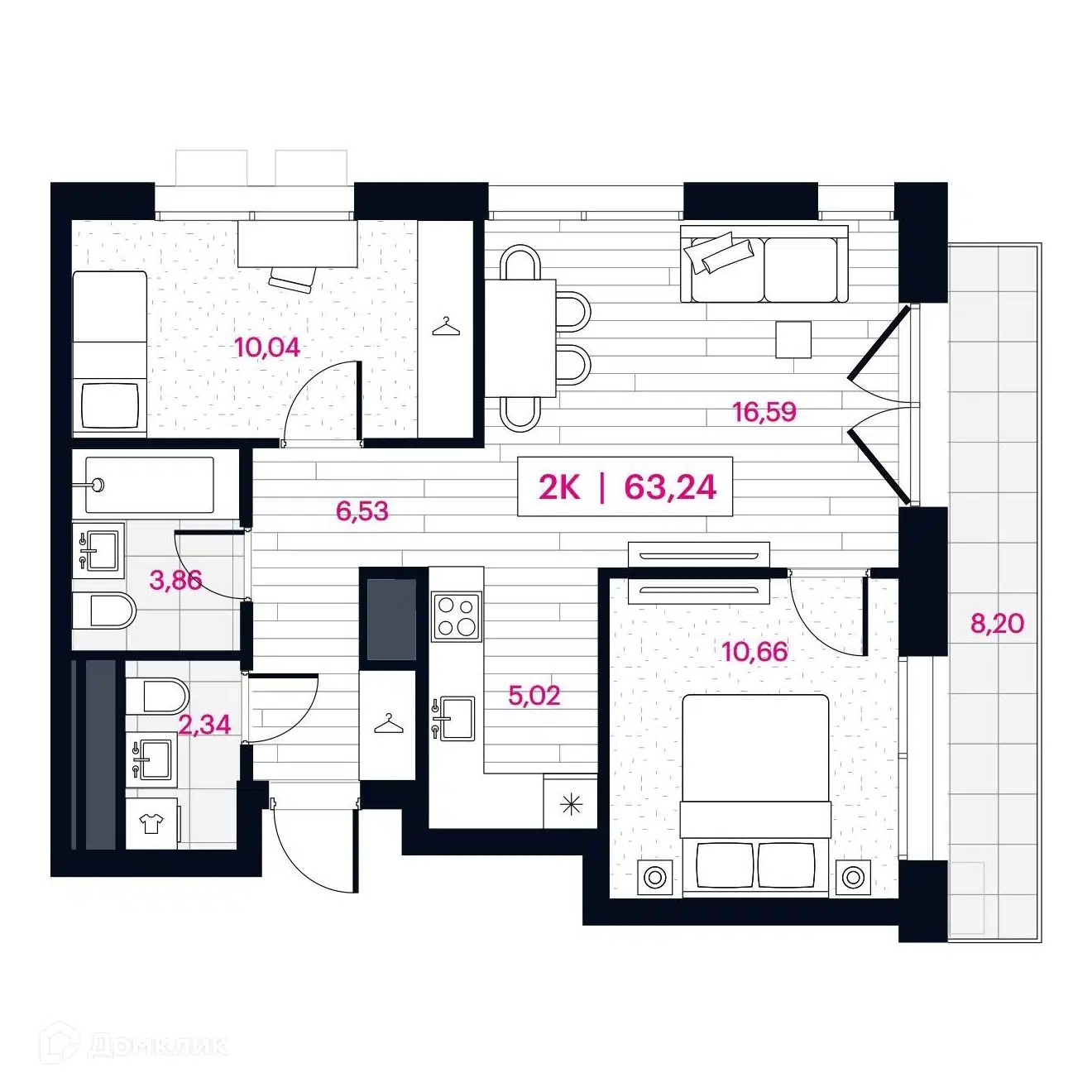 Планировка: 2-комн. квартира 63.31 м² в новостройке Пушкина