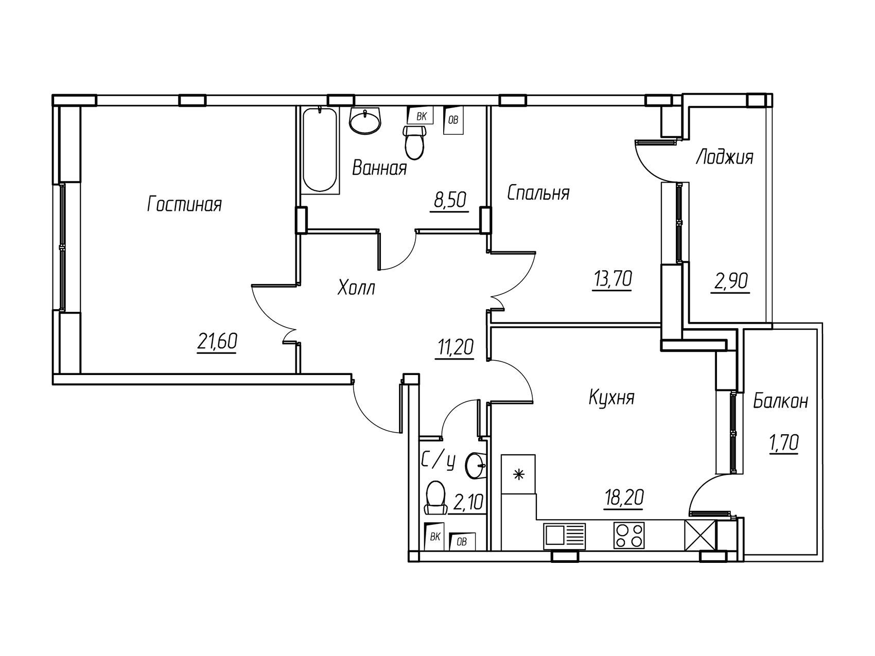 Планировка: 2-комн. квартира 79.70 м² в новостройке Ангелово-Резиденц