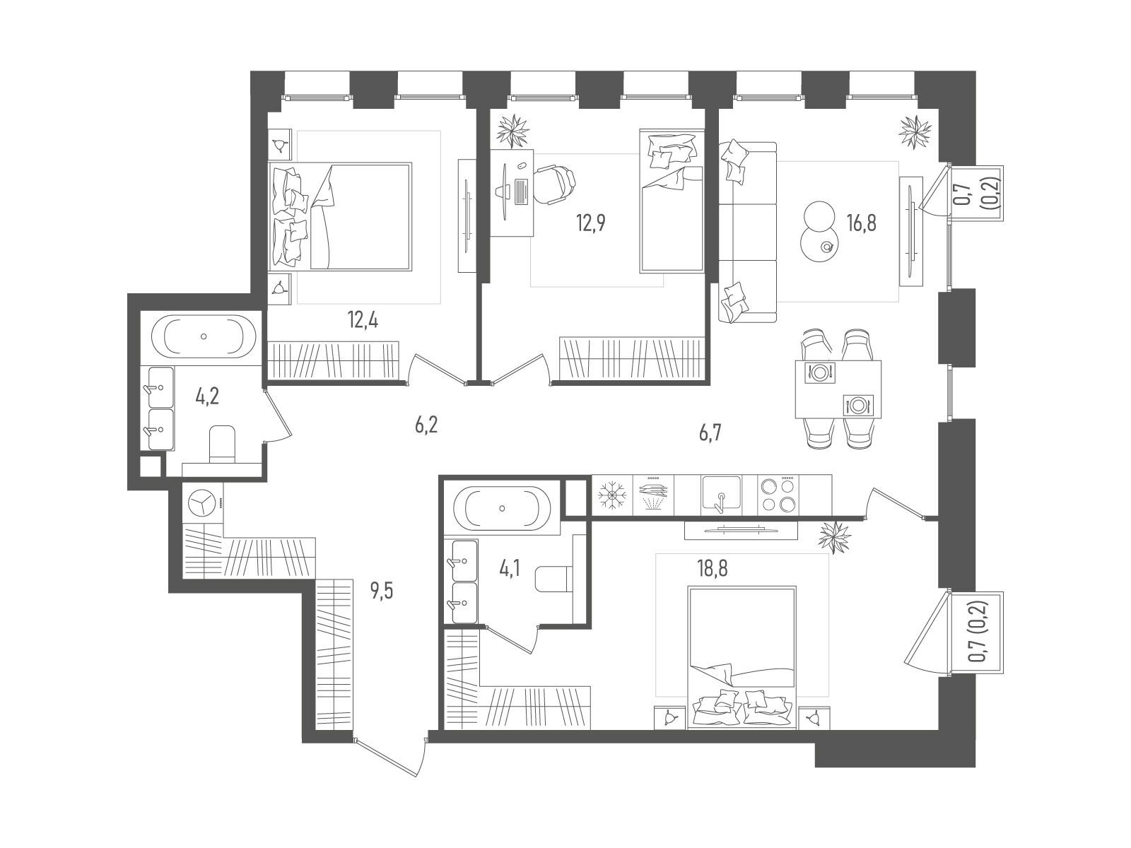 Планировка: 3-комн. квартира 92.00 м² в новостройке ЖК Пейв