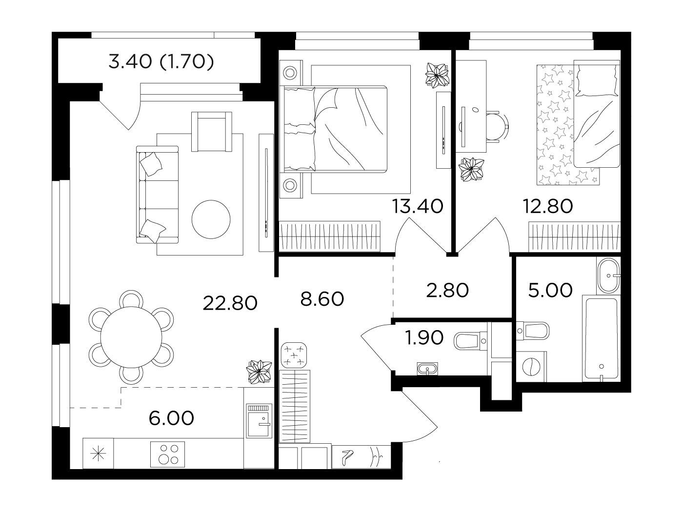 Планировка: 2-комн. квартира 75.00 м² в новостройке Филатов луг