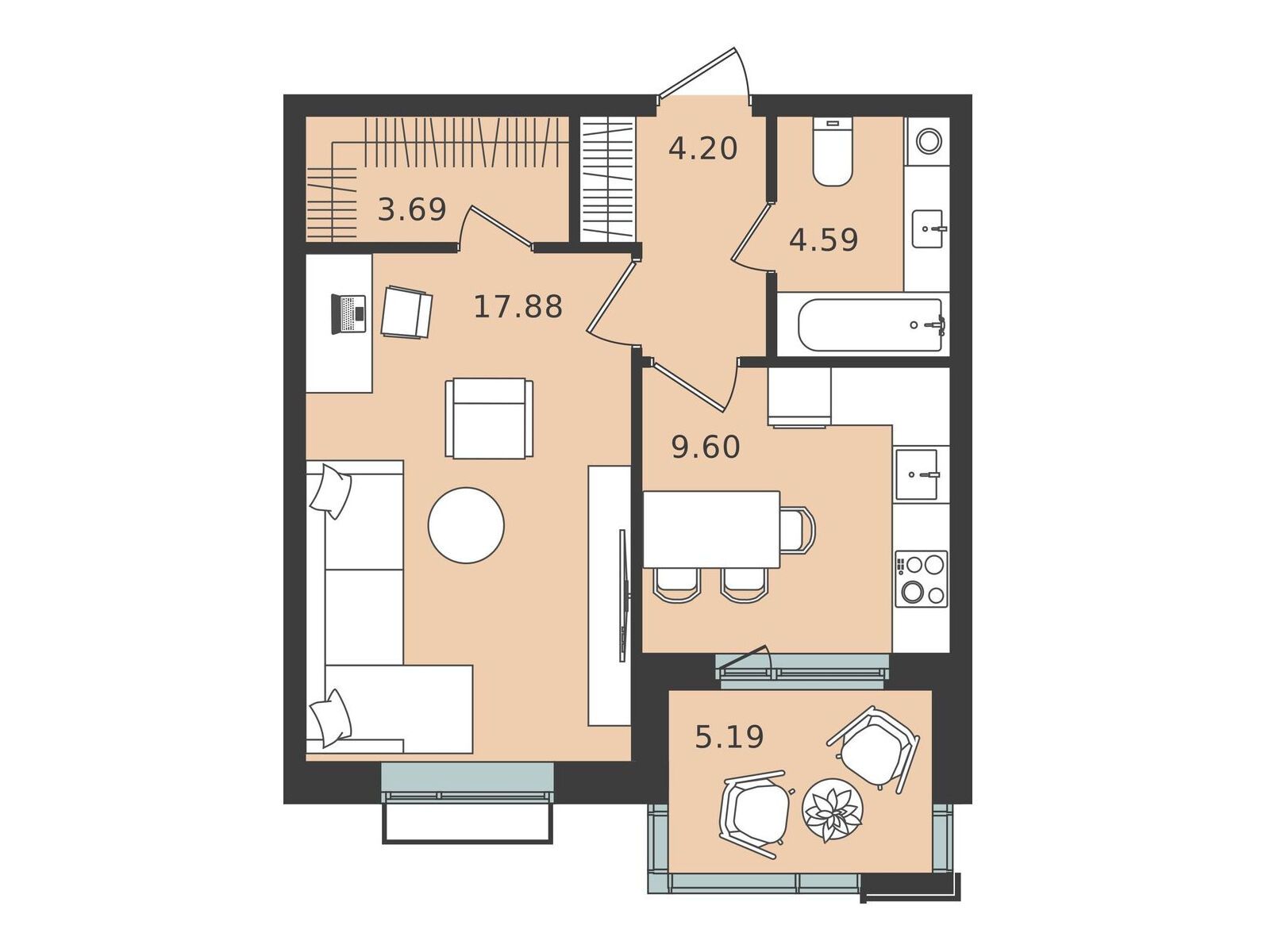 Планировка: 1-комн. квартира 42.56 м² в новостройке Мишино-2
