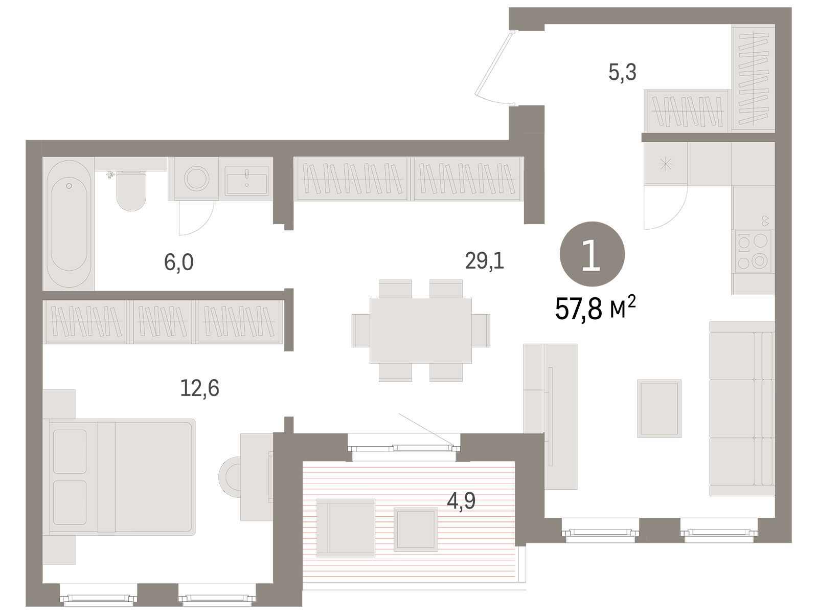 Планировка: 1-комн. квартира 57.80 м² в новостройке Брусника в Новоселье