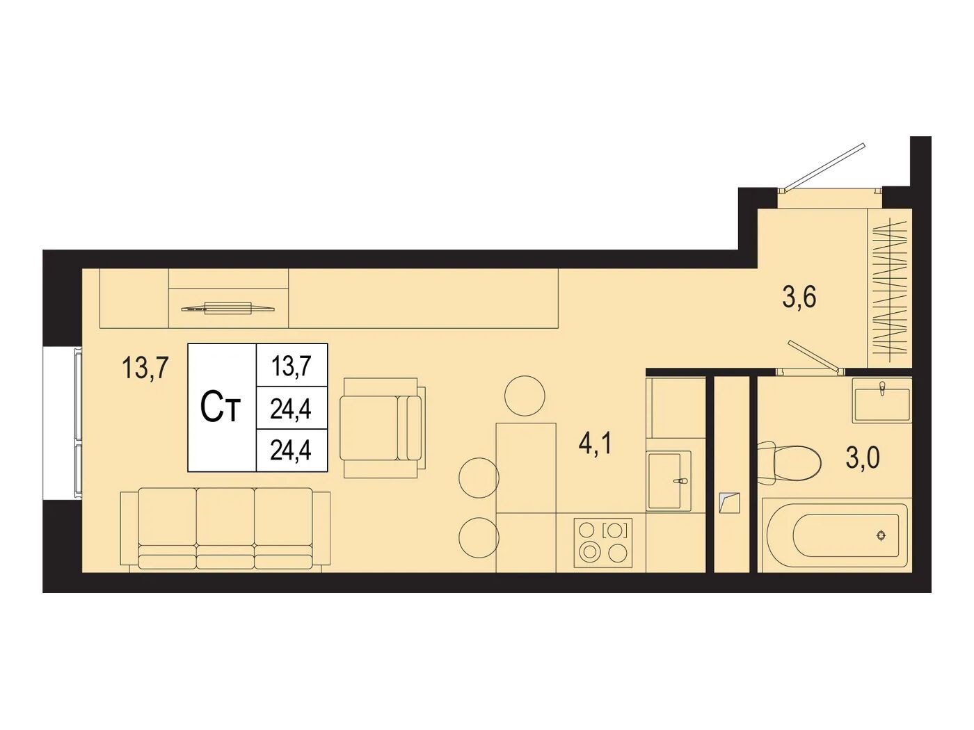 Планировка: Студия 24.40 м² в новостройке ЖК Новая Щербинка