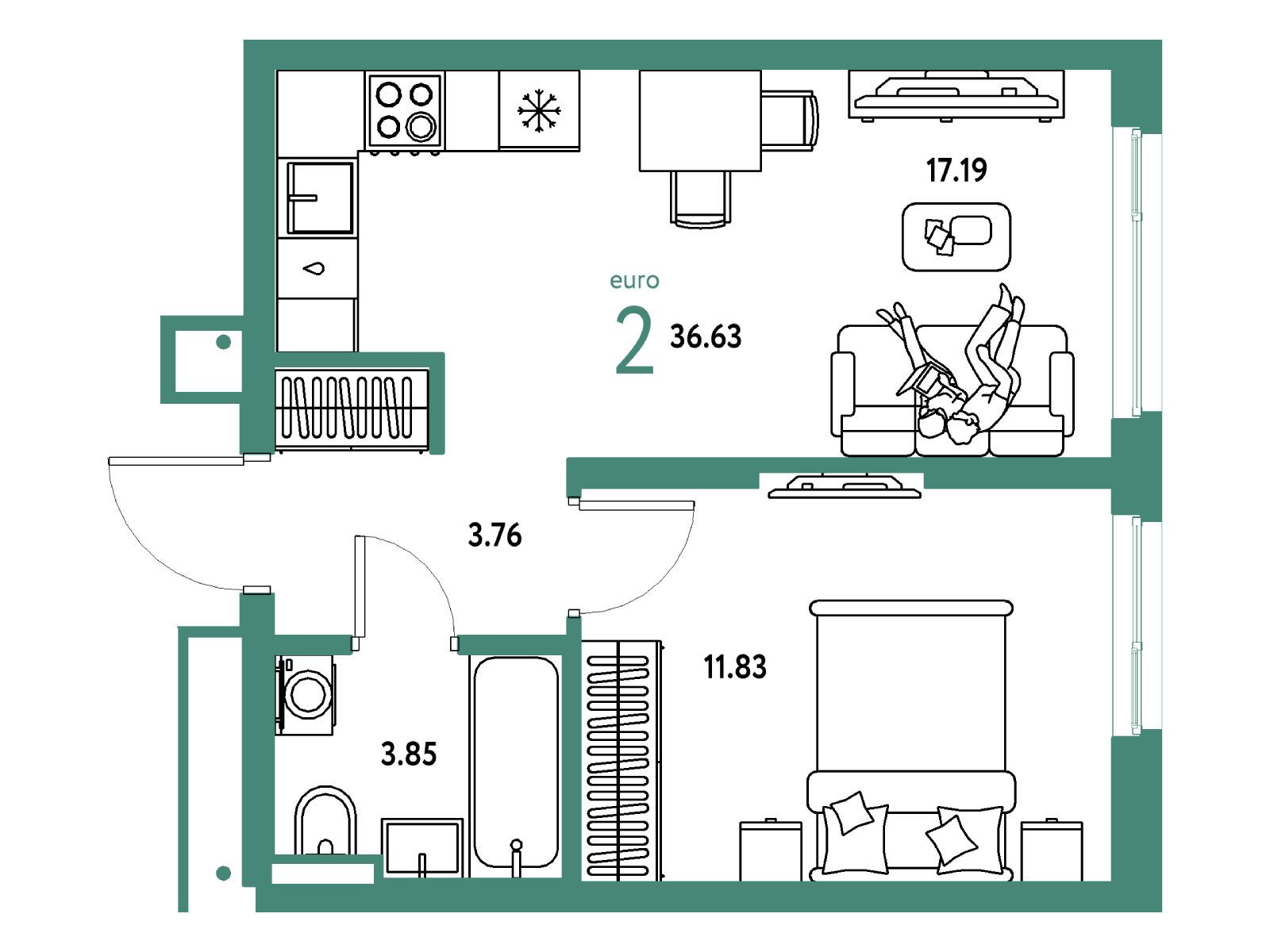 Планировка: 2-комн. квартира 36.63 м² в новостройке Страна Парковая