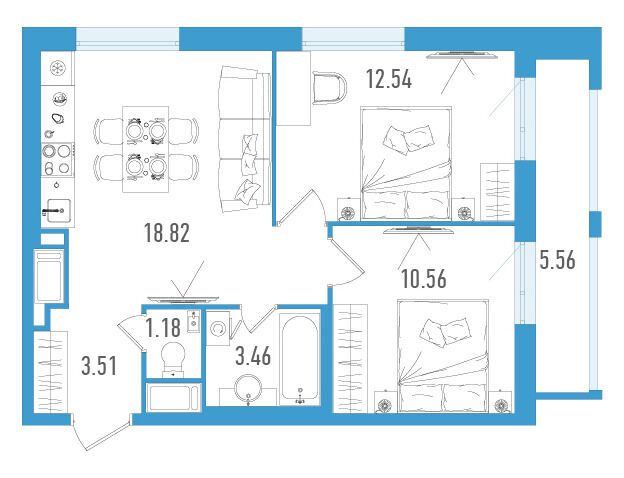 Планировка: 2-комн. квартира 51.74 м² в новостройке Старлайт