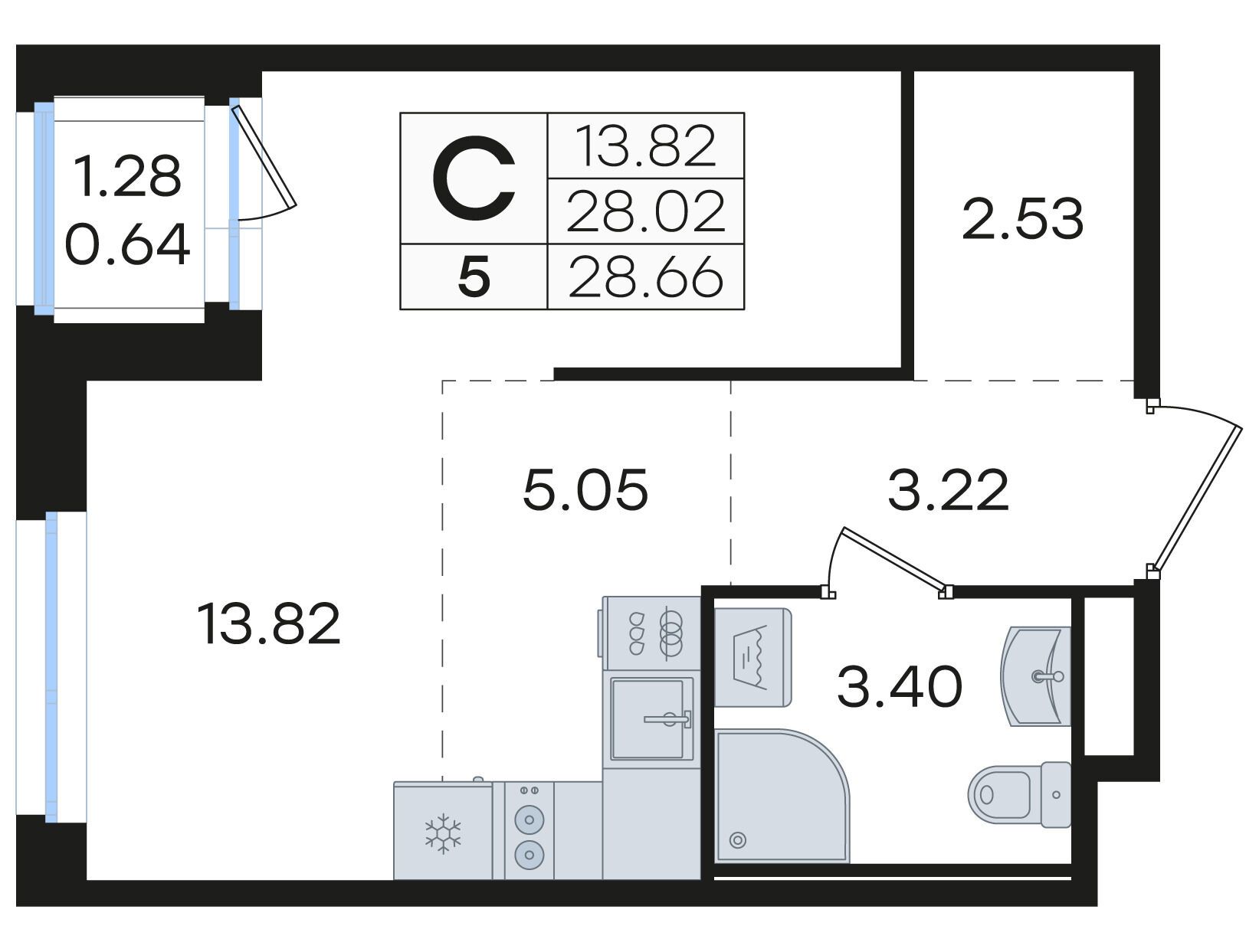 Планировка: Студия 28.66 м² в новостройке Глоракс Романовка