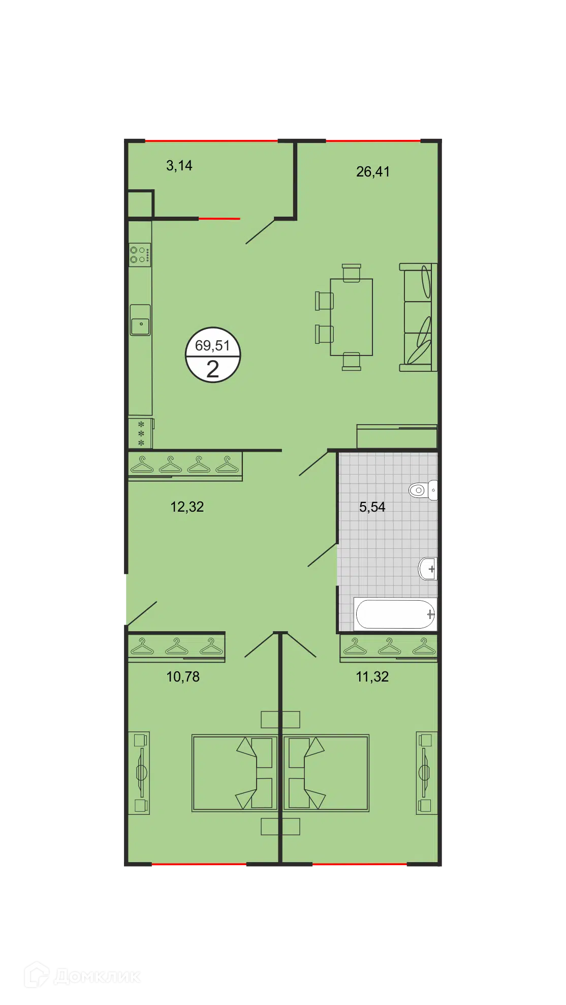 Планировка: 2-комн. квартира 69.51 м² в новостройке Дыхание