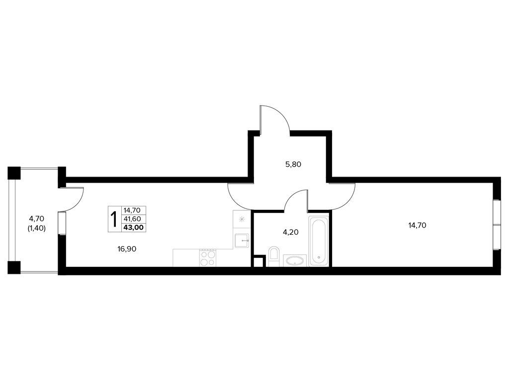 Планировка: 1-комн. квартира 43.00 м² в новостройке Кипарис
