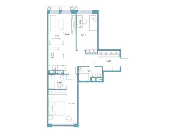 Планировка: 2-комн. квартира 69.09 м² в новостройке Взлетная 16