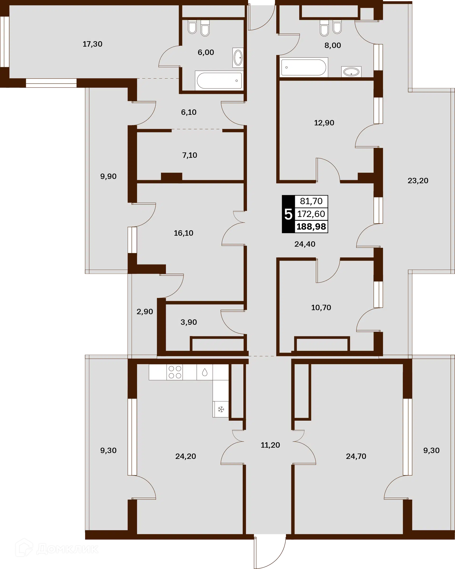 Планировка: 5-комн. квартира 188.98 м² в новостройке Аксис Патриот