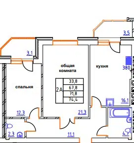 Планировка: 2-комн. квартира 74.40 м² в новостройке Перспектива