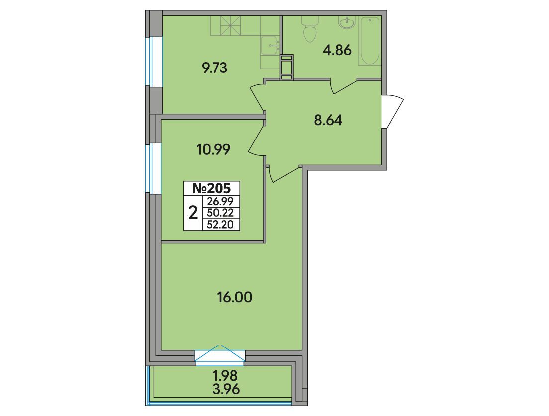 Планировка: 2-комн. квартира 52.20 м² в новостройке Рождественский квартал