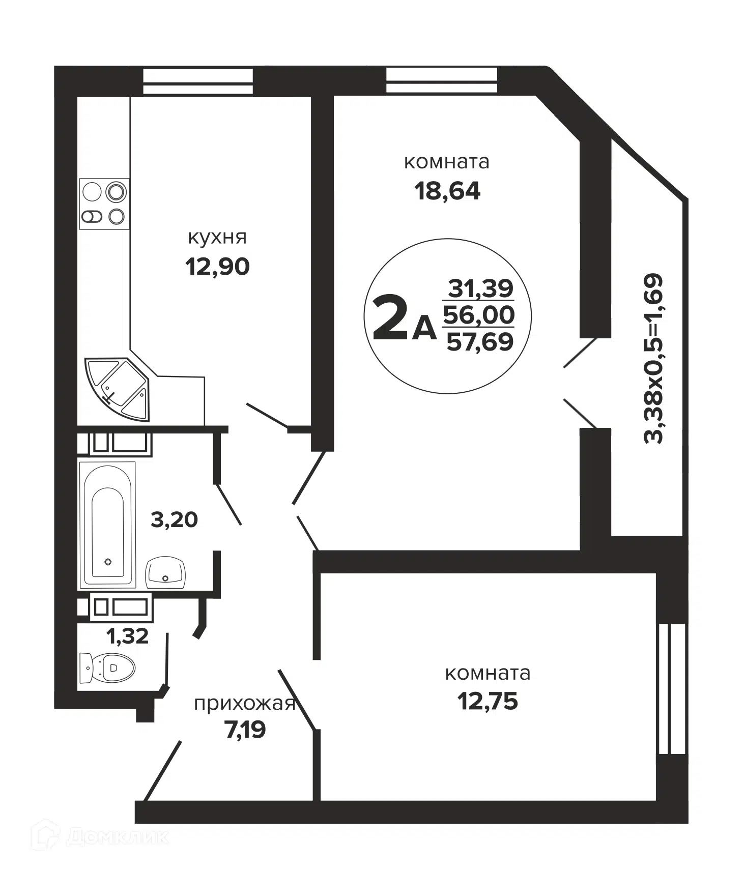 Планировка: 2-комн. квартира 57.69 м² в новостройке Гулливер