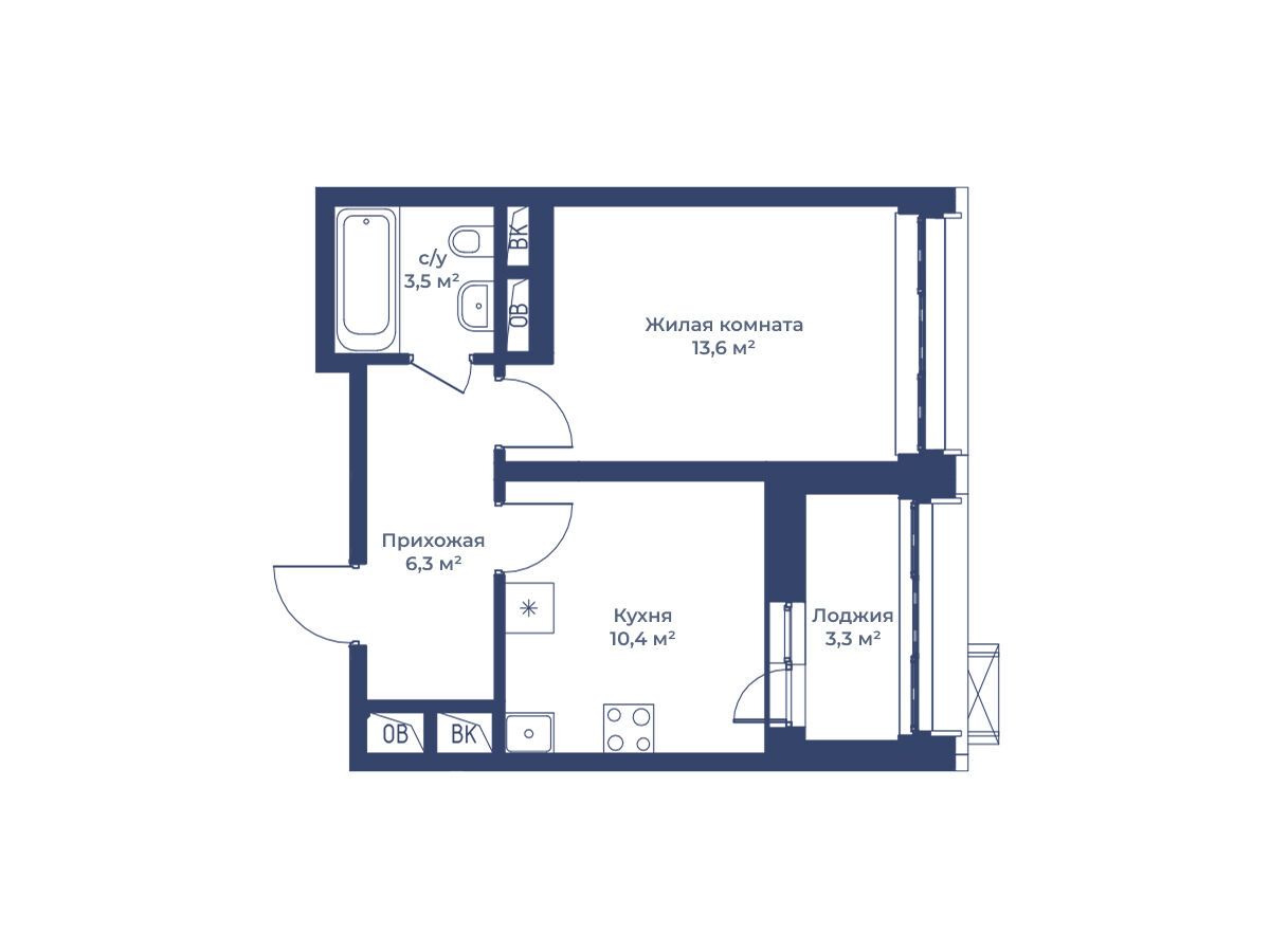 Планировка: 1-комн. квартира 35.50 м² в новостройке Цветочный Город