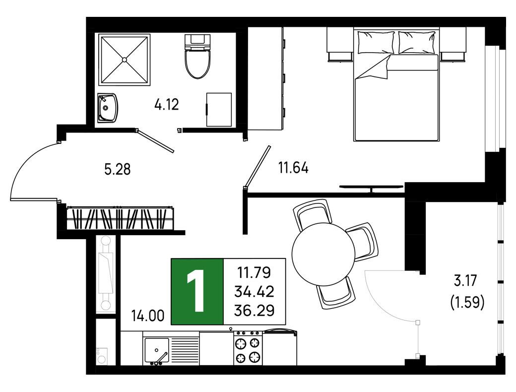 Планировка: 1-комн. квартира 36.63 м² в новостройке Имена