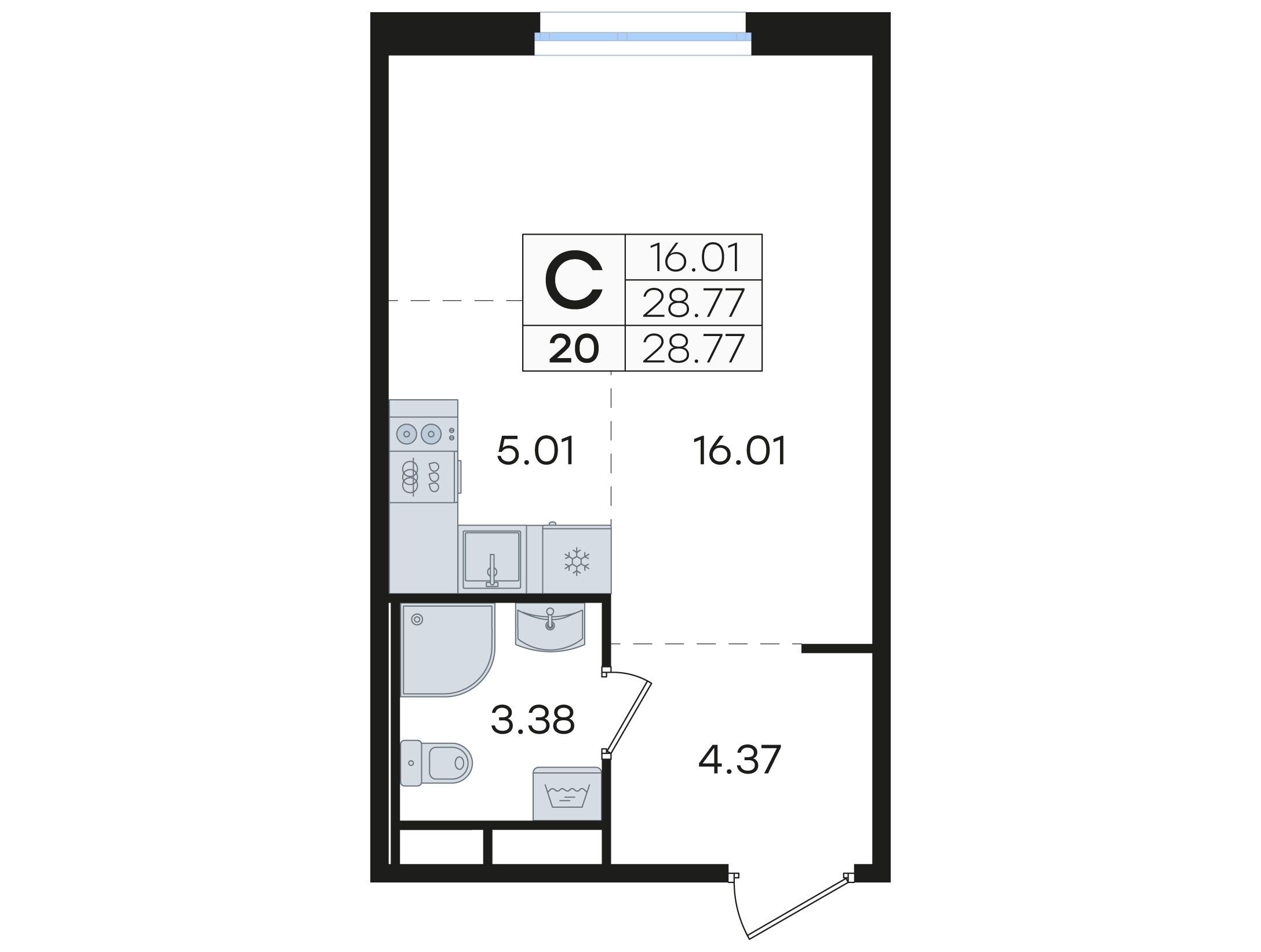 Планировка: Студия 28.77 м² в новостройке Глоракс Романовка