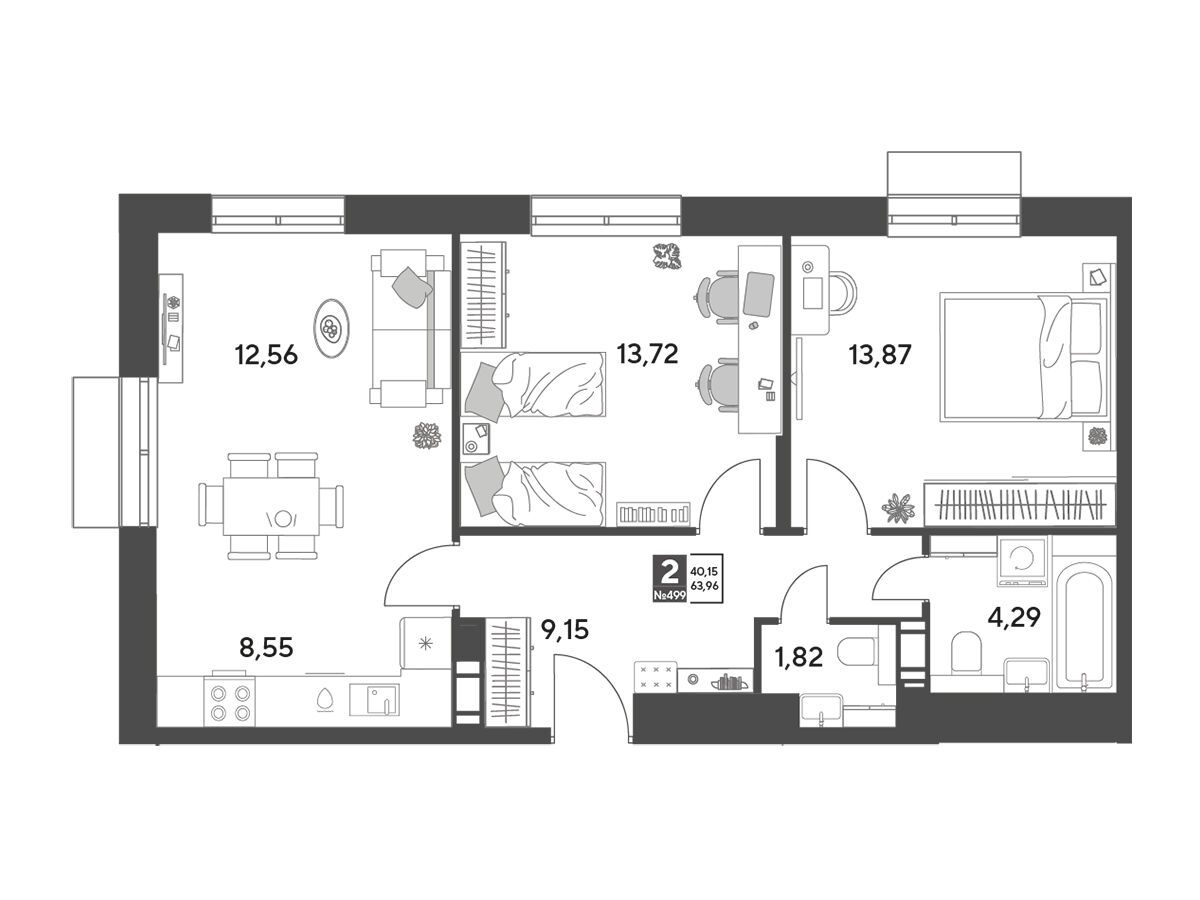 Планировка: 2-комн. квартира 63.96 м² в новостройке Публицист