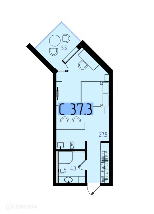 Планировка: Студия 37.30 м² в новостройке Оазис Азова