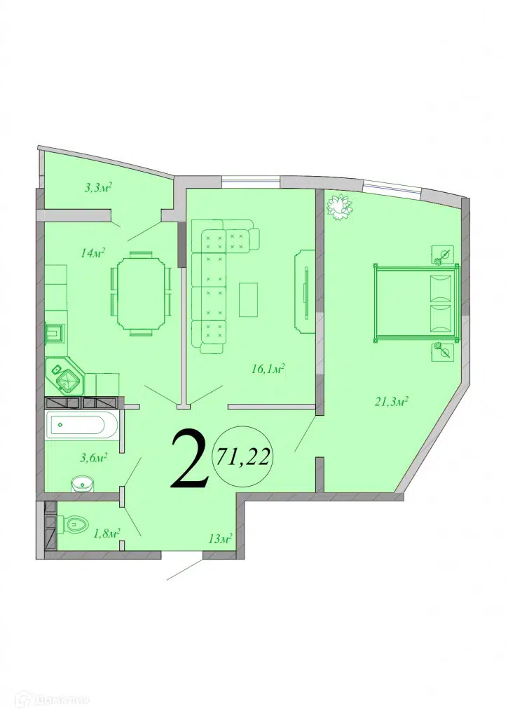 Планировка: 2-комн. квартира 71.22 м² в новостройке Радонеж