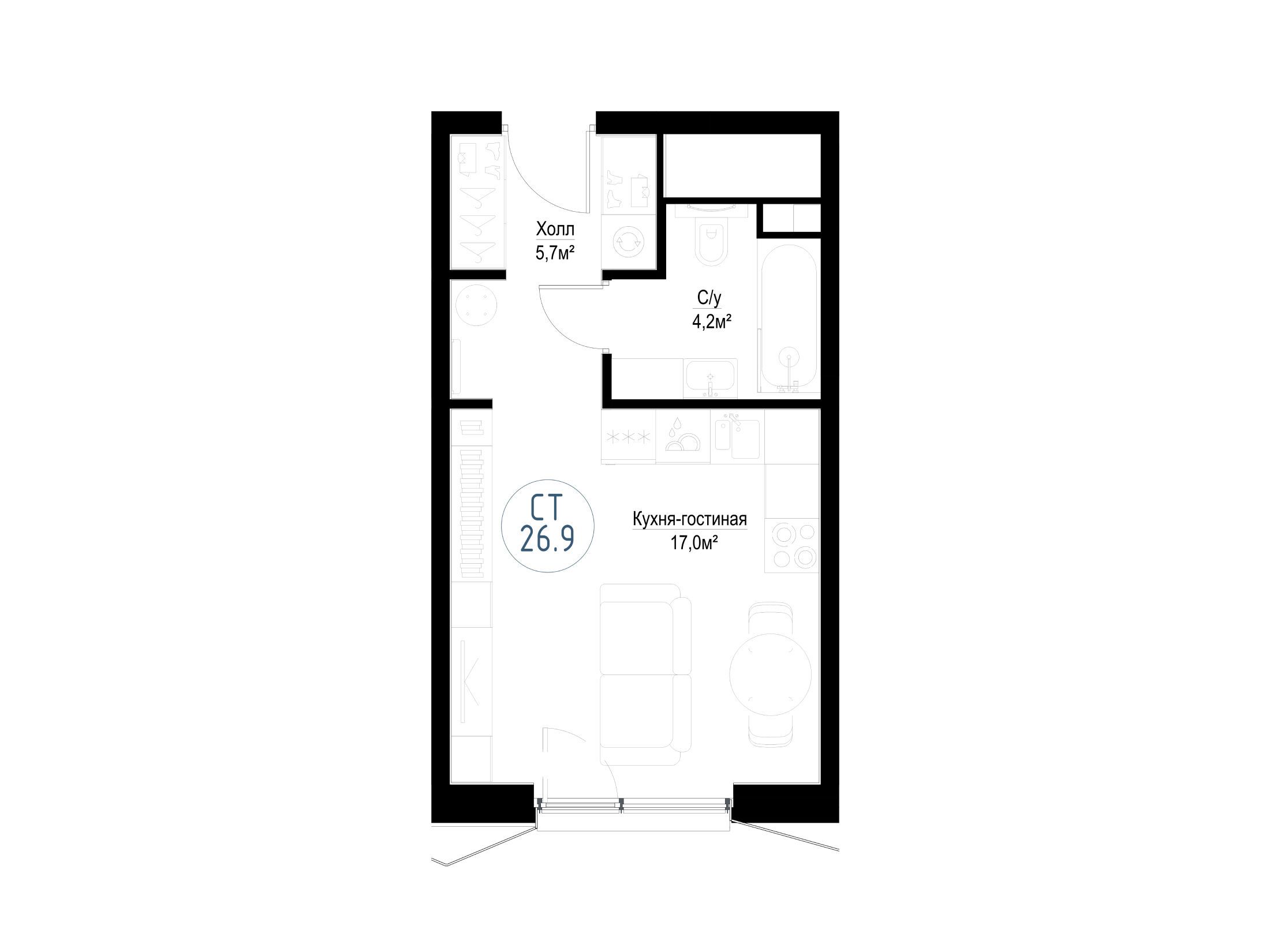 Планировка: Студия 26.70 м² в новостройке Метрополия