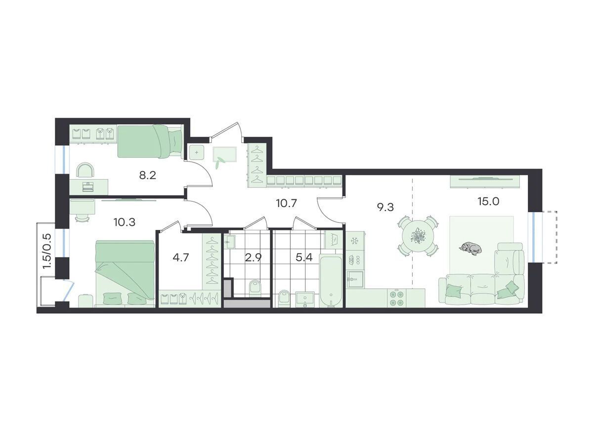Планировка: 3-комн. квартира 68.30 м² в новостройке Джи Три Театральный