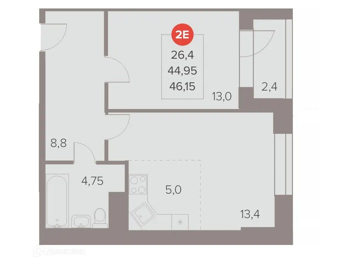 Планировка: 2-комн. квартира 47.00 м² в новостройке Отлично