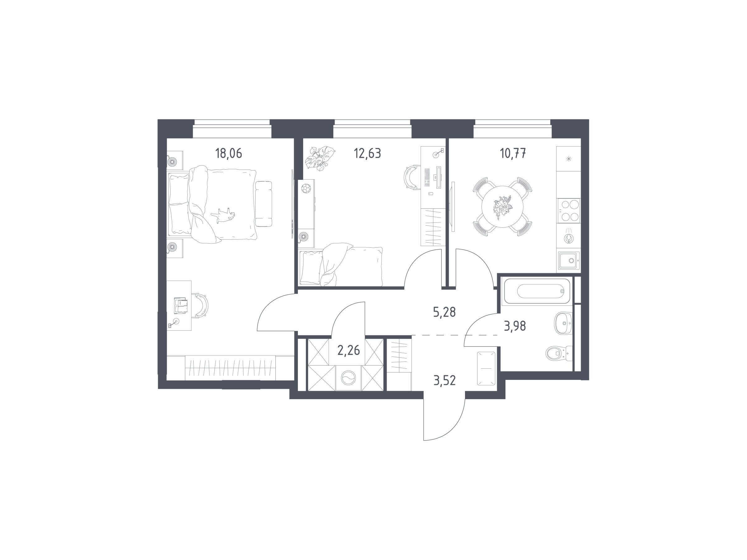 Планировка: 2-комн. квартира 56.50 м² в новостройке Богдановский Лес
