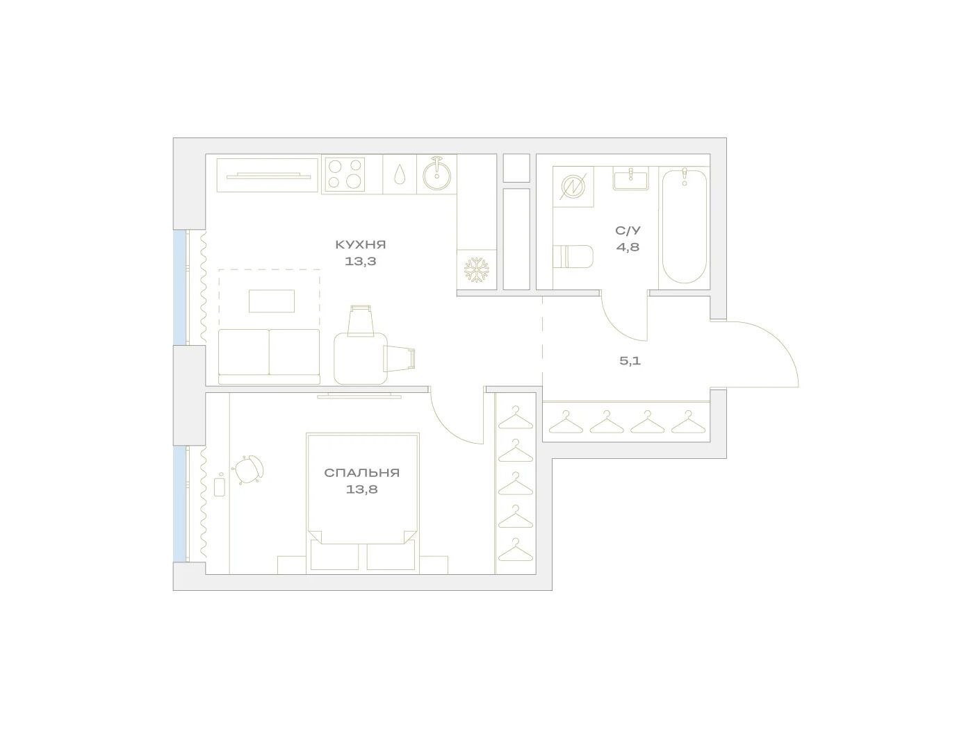 Планировка: 1-комн. квартира 37.00 м² в новостройке Детали