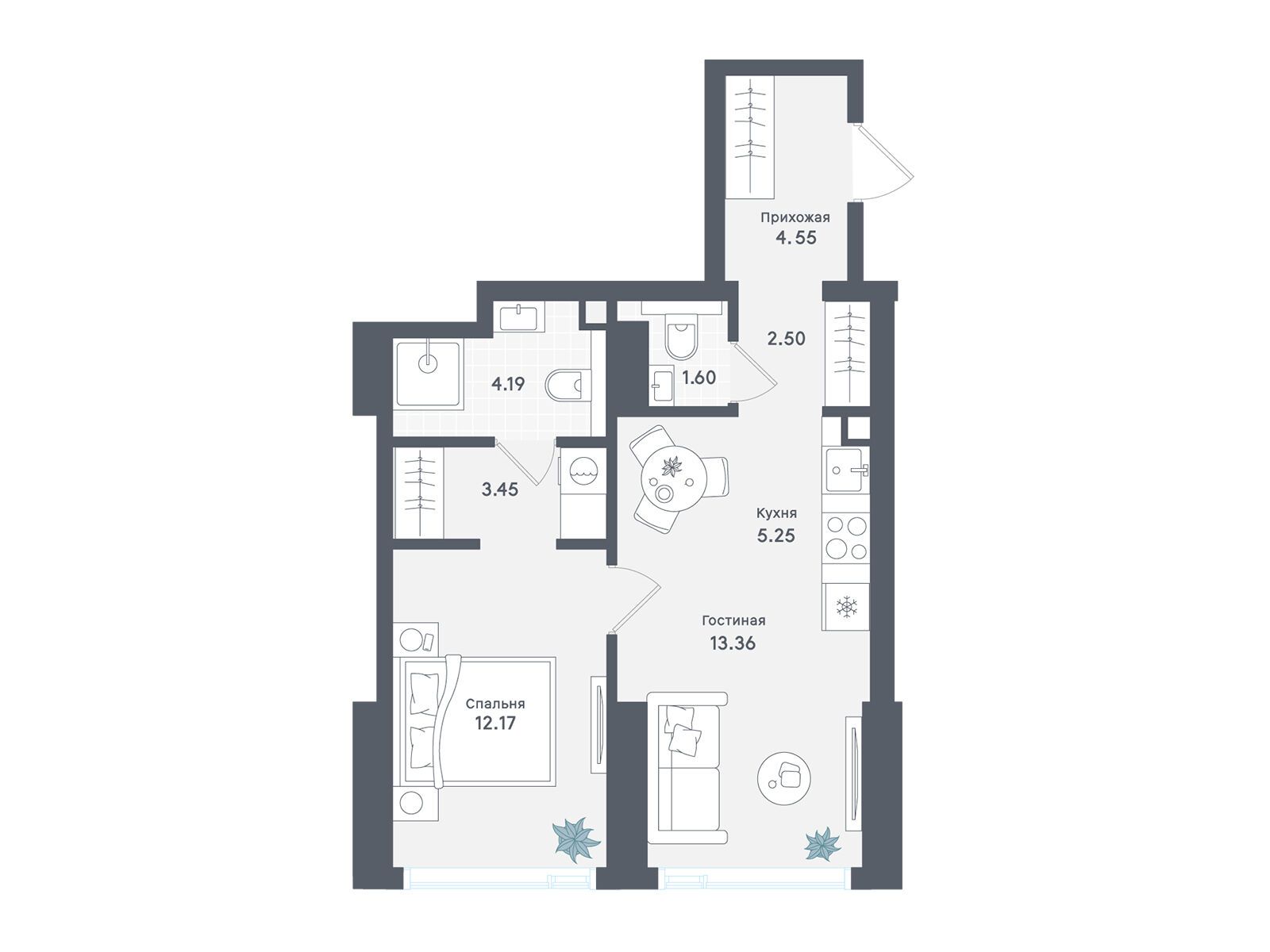 Планировка: 1-комн. квартира 47.07 м² в новостройке Солос